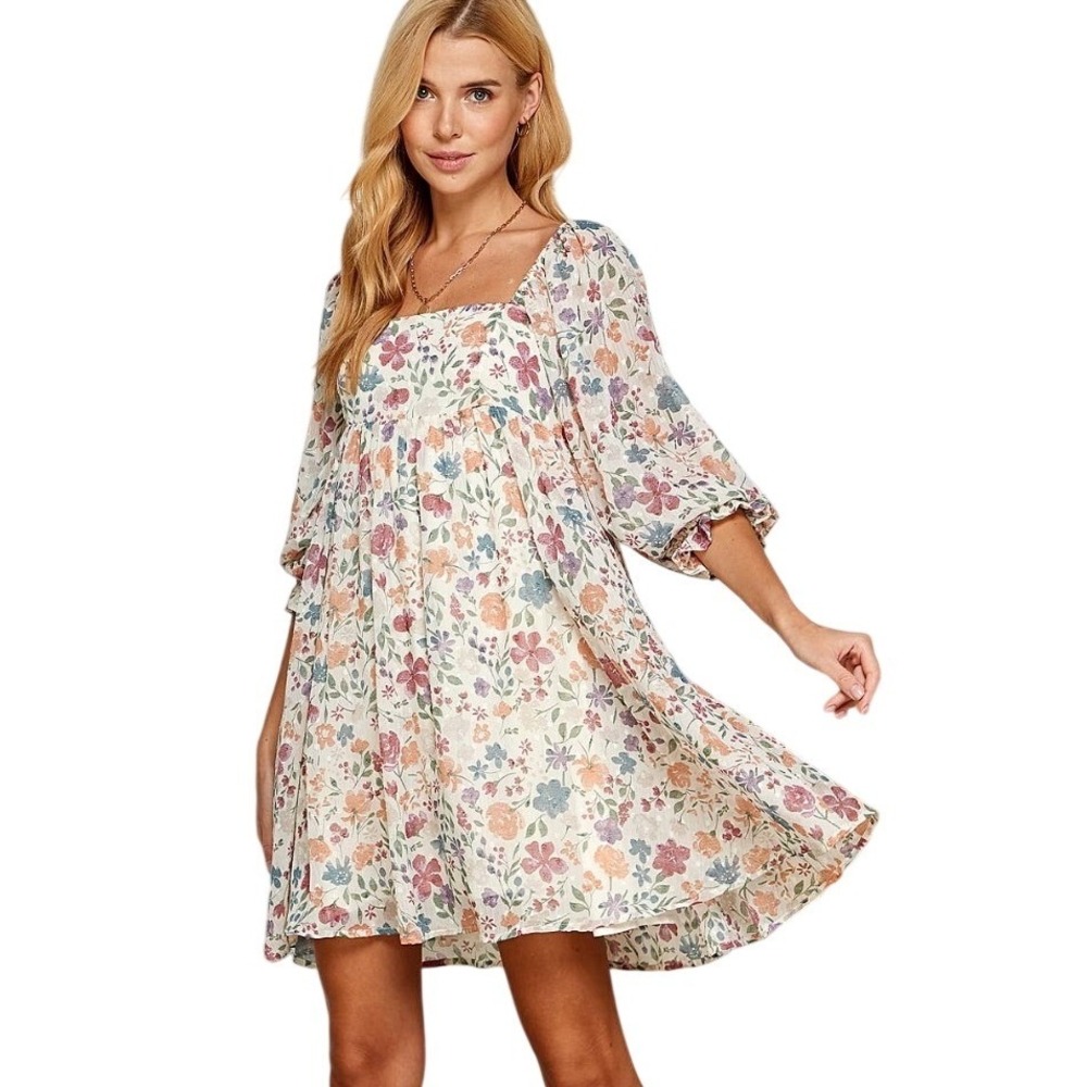 Sweet Lemon Floral Square‎ Neck Babydoll Dress Midi Puff Sleeve M